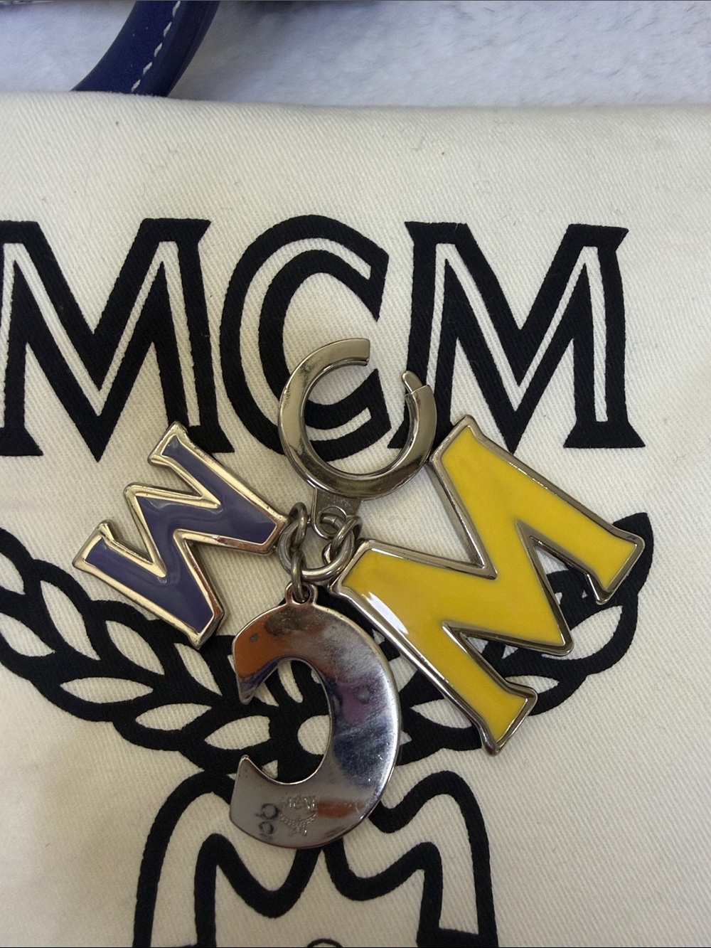 MCM Enamel Letter Keychain in Yellow and Lavender